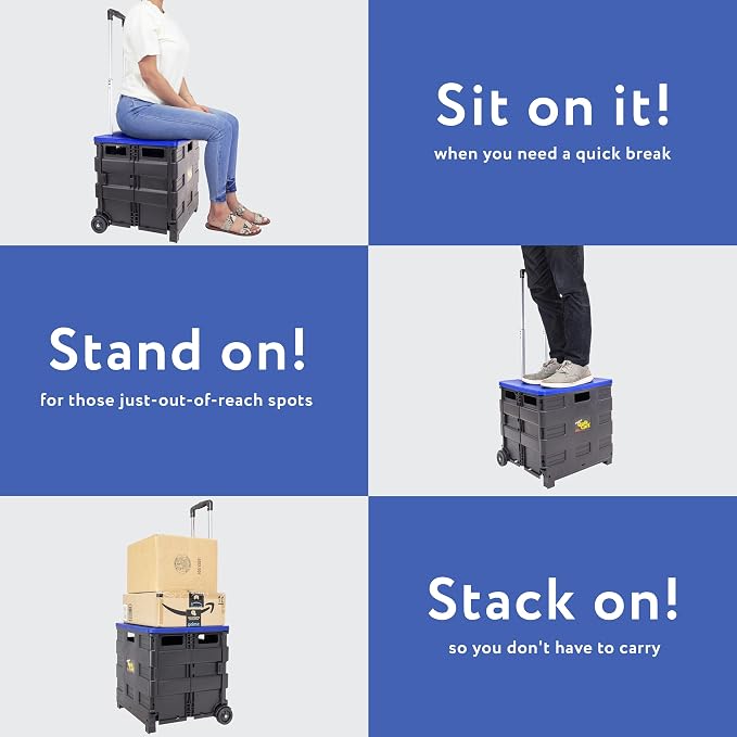 dbest products Quik Cart Collapsible Rolling Crate on Wheels for Teachers Tote Basket, 80 lbs Capacity, Blue Lid Made from Heavy Duty Plastic and used as a Seat
