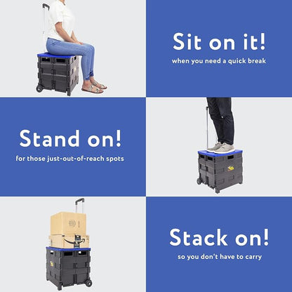 dbest products Quik Cart Collapsible Rolling Crate on Wheels for Teachers Tote Basket, 80 lbs Capacity, Blue Lid Made from Heavy Duty Plastic and used as a Seat