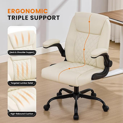 Leather Office Chair, 300lbs Heavy Duty Mid-Back Desk Chairs with Flip-up Armrests, Space-Saving Swivel Task Chair with Wheels, Adjustable Height and Ergonomic Back Support, Beige
