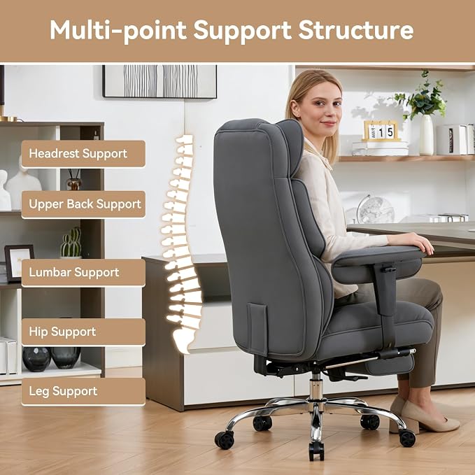 Efomao Executive Office Chair, Bluegrey Fabric Big and Tall Desk Chair | Breathable fabric, pocket spring & foam seat, retractable footrest, 135° recline for computer gaming setup