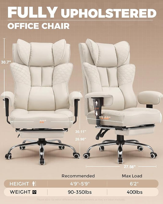 GTPLAYER Big and Tall Office Chair, Wide Ergonomic Gaming Chair with Deluxe Embossing Designed Leather with Foot Rest,150°Reclining Adjustable Soft Armrests Pocket Spring Back Support and Pillow