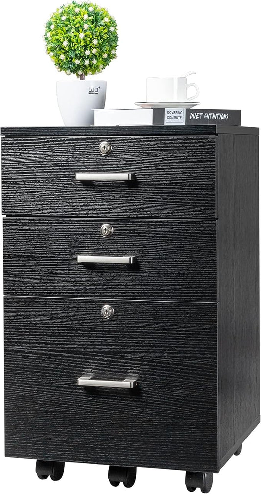 Bonnlo 26" H 3 Drawer File Cabinet with Lock, Rolling File Cabinet Under Desk, Mobile File Cabinets for Home Office, Wood Black File Cabinet Printer Stand for Letter Size Hanging/Manila File Folders