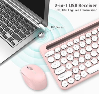 LeadsaiL Pink Wireless Keyboard and Mouse Combo, Full-Sized Ergonomic Computer Keyboard with Phone Tablet Holder, 2.4GHz Silent Cordless Keyboard Mouse Set for Windows Laptop, PC, Desktop