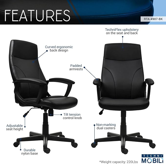 Techni Mobili PU Leather Office Chair with Padded Armrests, Height Adjustable Executive Desk Chair with Tilt Control, Black