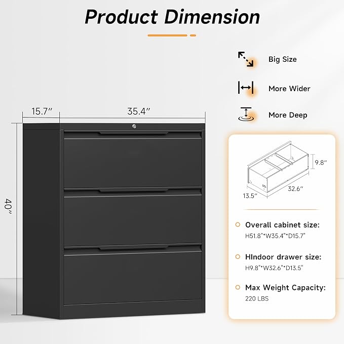 Bestoo 3 Drawer File Cabinet with Lock, File Cabinet, Metal Lateral Filing Cabinet, File Cabinets for Home Office, Office Cabinet for Hanging Files Letter/Legal/F4/A4 Size