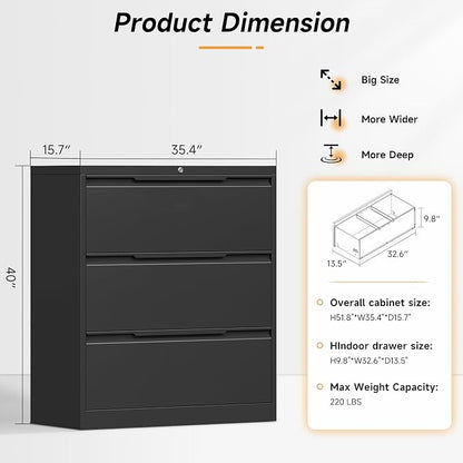 Bestoo 3 Drawer File Cabinet with Lock, File Cabinet, Metal Lateral Filing Cabinet, File Cabinets for Home Office, Office Cabinet for Hanging Files Letter/Legal/F4/A4 Size