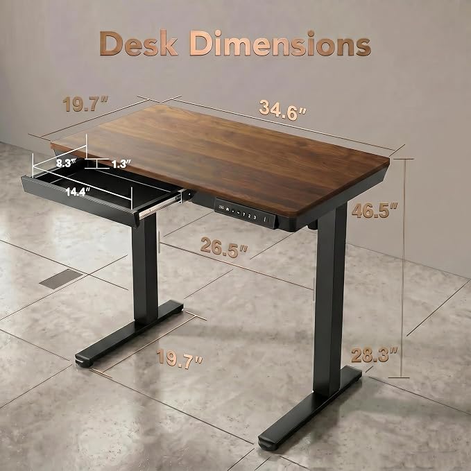 HUANUO 35 X 20 Inch Standing Desk with Drawers, Electric Adjustable Height Desk, Quick Install One-Piece Tabletop with USB Charging Ports, Sit to Stand Up Desk for Home Office, Black Walnut