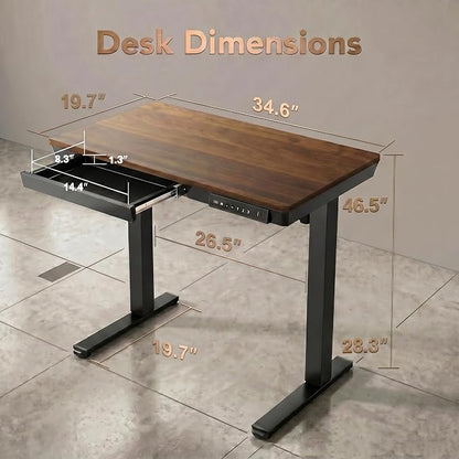 HUANUO 35 X 20 Inch Standing Desk with Drawers, Electric Adjustable Height Desk, Quick Install One-Piece Tabletop with USB Charging Ports, Sit to Stand Up Desk for Home Office, Black Walnut