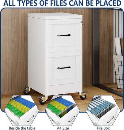 Ckzbx 2 Drawer File Cabinet with Lock, Narrow Vertical Filing Cabinet, Under Desk File Cabinets,White Metal File Cabinets for Home Office,Fit Letter/A4/Legal Size File (Wheel)