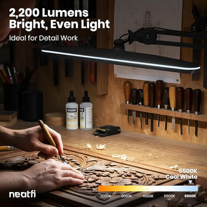 Neatfi XL 2,200 Lumens 24W LED Desk Lamp – 23” Wide Shade | Dimmable Eye-Caring Task Light | Adjustable Arm | Home Office, Study, Crafts & Nail Tech (Black, Non-CCT with Clamp)