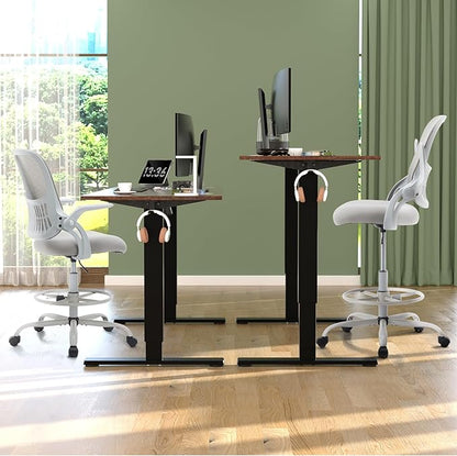 DUMOS Drafting Chair for Standing Desk, Flip-up Arms, Counter Height Adjustable, Ergonomic Mid Back Mesh Rolling Work 360°Swivel Home Office Computer Chairs with Wheels, Grey