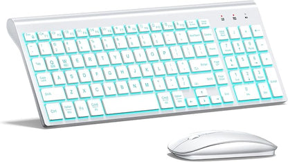 Wireless Backlit Keyboard and Mouse Ultra Slim Combo, TopMate 2.4G Silent Compact 2400DPI Mouse and Scissor Switch Keyboard Set, Batteries Included, for PC/Laptop/Windows/Mac/Gaming - BL Matte White