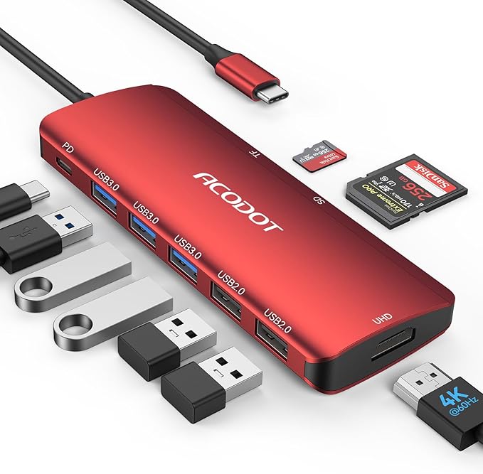 USB C Hub, 9-in-1 Multi-Port USB Adapter, 4K@60Hz HDMI, 100W Max PD, 3 USB3.0(5Gbps) + 2 USB2.0 Data Ports, SD/TF Card Reader for MacBook, iPad Pro, Dell, HP, Lenovo, Windows Laptop, Red