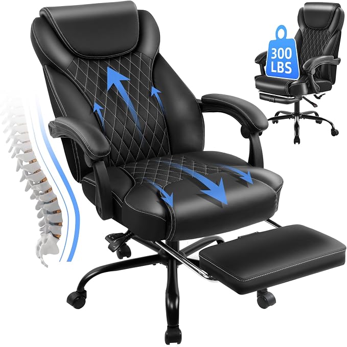 amseatec Big and Tall Office Chair with Footrest, Ergonomic Leather High Back Computer Chair Infinite Lock Reclining 90°-135°,20 Spring Packs,300lbs Executive Desk Chair for Home Office（Black）