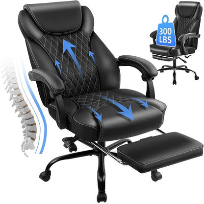 amseatec Big and Tall Office Chair with Footrest, Ergonomic Leather High Back Computer Chair Infinite Lock Reclining 90°-135°,20 Spring Packs,300lbs Executive Desk Chair for Home Office（Black）