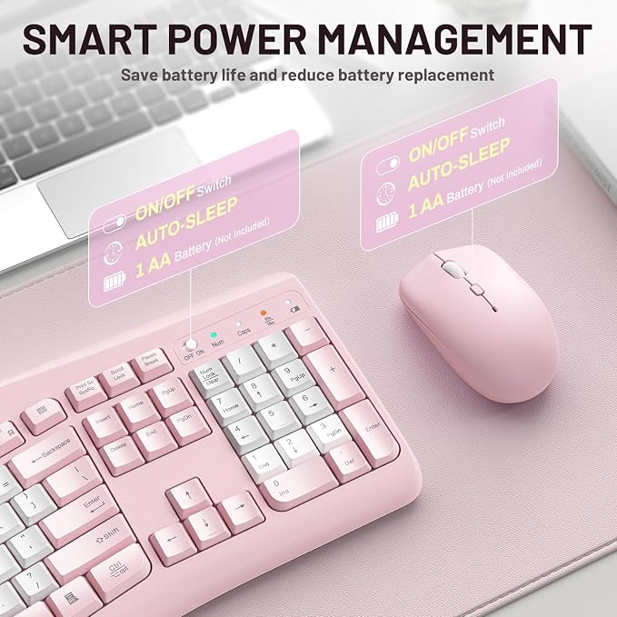 Wireless Keyboard and Mouse Combo,2.4G Full Size Ergonomic Curved Silent Keyboard with Fn Multimedia Keys for Office and Home, 3-DPI Quiet Mouse for Windows,Mac OS Desktop/Laptop/PC (Light Pink-B)