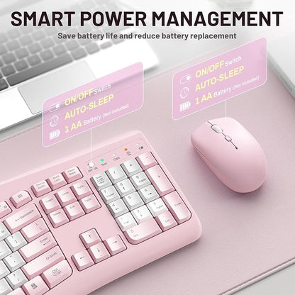 Wireless Keyboard and Mouse Combo,2.4G Full Size Ergonomic Curved Silent Keyboard with Fn Multimedia Keys for Office and Home, 3-DPI Quiet Mouse for Windows,Mac OS Desktop/Laptop/PC (Light Pink-B)
