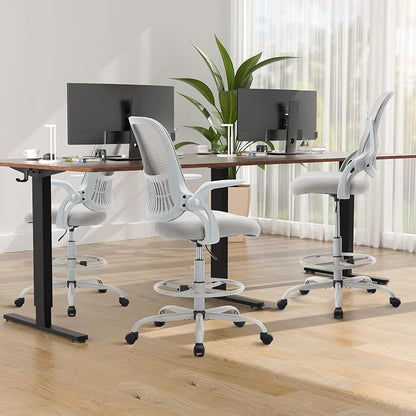 DUMOS Drafting Chair for Standing Desk, Flip-up Arms, Counter Height Adjustable, Ergonomic Mid Back Mesh Rolling Work 360°Swivel Home Office Computer Chairs with Wheels, Grey