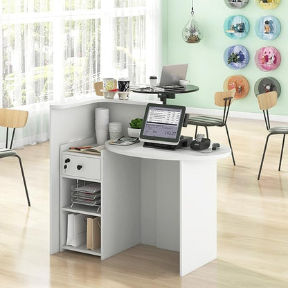 Giantex Reception Desk, Front Counter Desk with Lockable Drawer, Checkout Table with Round Tabletop, Corner Shelf & Adjustable Shelf for Office Beauty Salon Retail Store (White)
