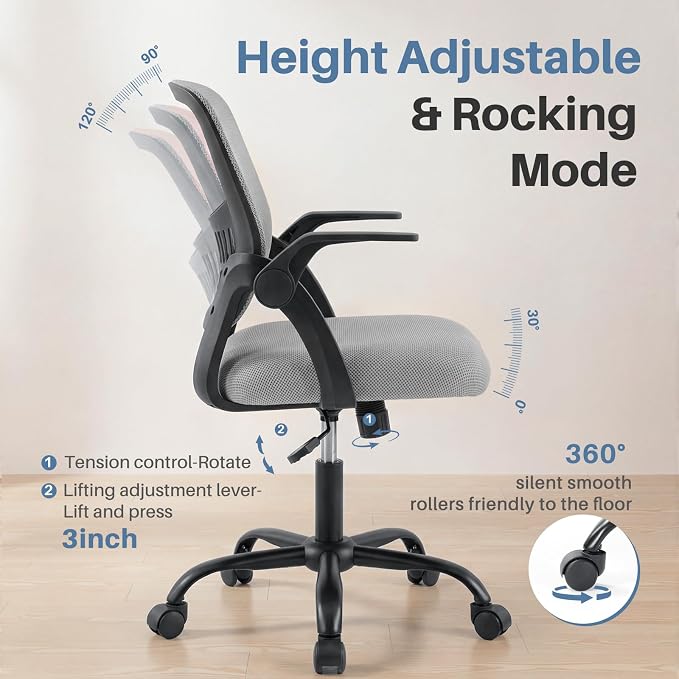 DUMOS Home Office Desk Chair - Ergonomic Computer Mesh Chair with Lumbar Support & Rocking Mode, Height Adjustable with Flip-up Armrest, for Conference, Meeting Room, 360° Swivel, Adults, Grey
