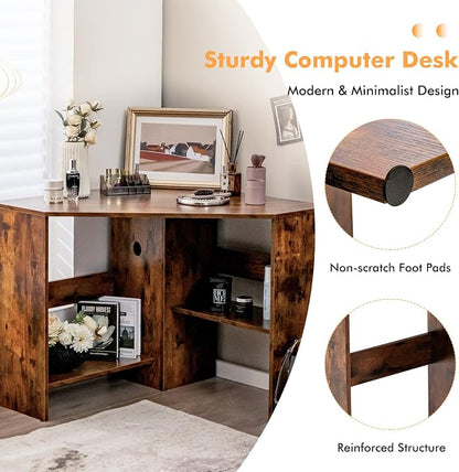 LDAILY Corner Desk, Space Saving 90 Degree Triangle Computer Desk with Storage Shelves & Cable Holes, Wood Compact Corner Writing Table for Small Spaces, Home Office, Bedroom & Living Room, Coffee