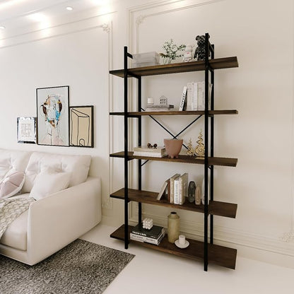 5 Tiers Bookshelf Organizer Industrial Shelf,Modern Open Display Storage Bookcase,Rustic Brown and Metal Bookshelf Standing Storage Shelf Tall Shelving Units for Home Office Study.