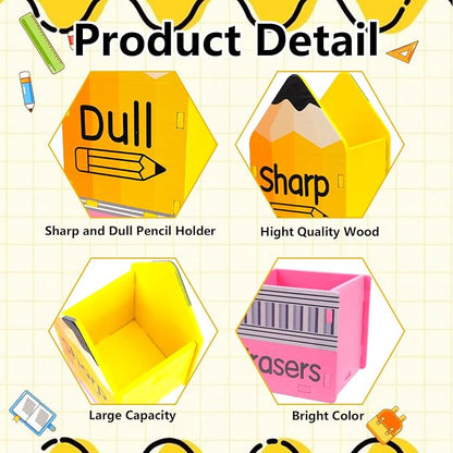 CEYAZYE 3Pcs Sharp and Dull Pencil Holder Eraser Buckets, Back to School | Wooden Shaped Dispenser, Pencil Storage Organizer for Back to School Teachers Desk Classroom Management