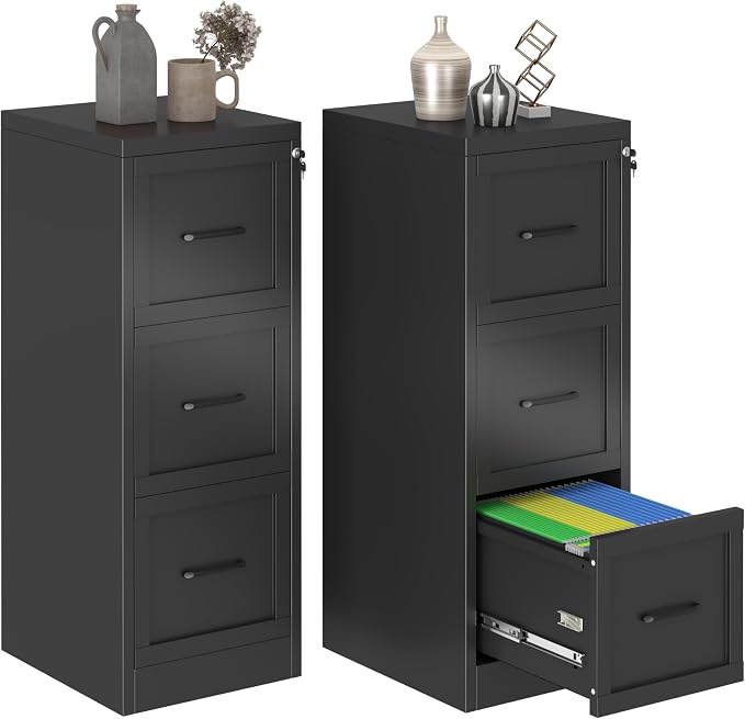 GAIOUS Metal Vertical File Cabinet with Lock, Home Office 3 Drawer Cabinet | 3 Drawer Filing Cabinet, Beside Desk File Cabinet, Black Lockable Storage Cabinet, Fits Letter/Legal/A4 Size