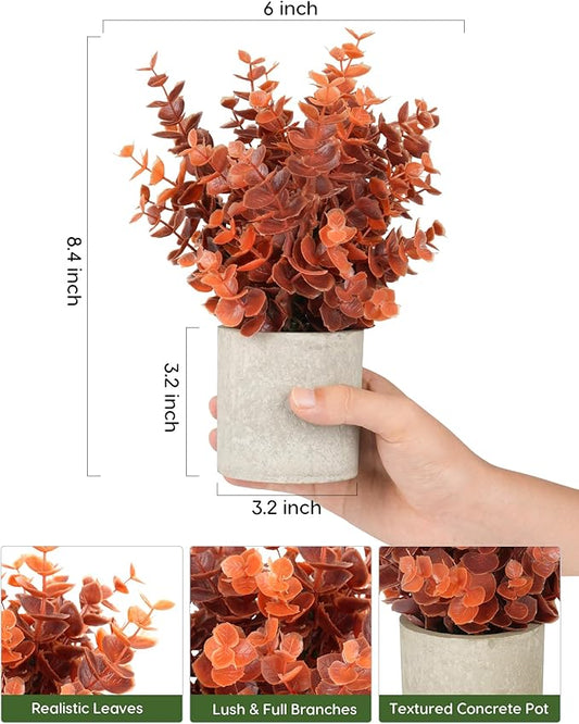Velener 2 PCS Small Fake Eucalyptus Plant Artificial Potted Plants Indoor for Desk, Shelf, Home Decor Realistic Faux Plant for Office, Bathroom, Living Room Decoration (Fall Orange)