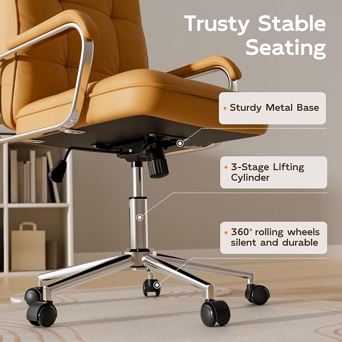 HomeZeer Brown Office Chair, Mid Back Leather Desk Chair with Wheels and Padded Arms, Swivel Vanity Chair for Bedroom, Computer Chair for Study and Work