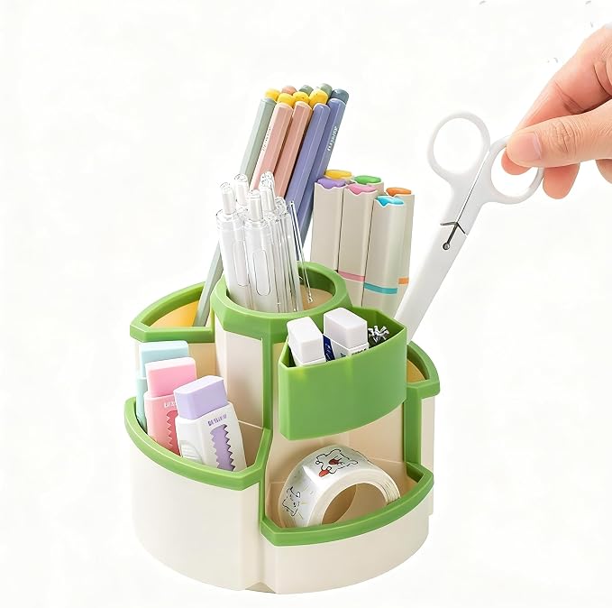 Pencil Holder for Desk Rotating Pen Organizers Green Small Desktop Organizer Desk Storage Caddy Ideal for Office, Home, School,Classroom (White & Green)