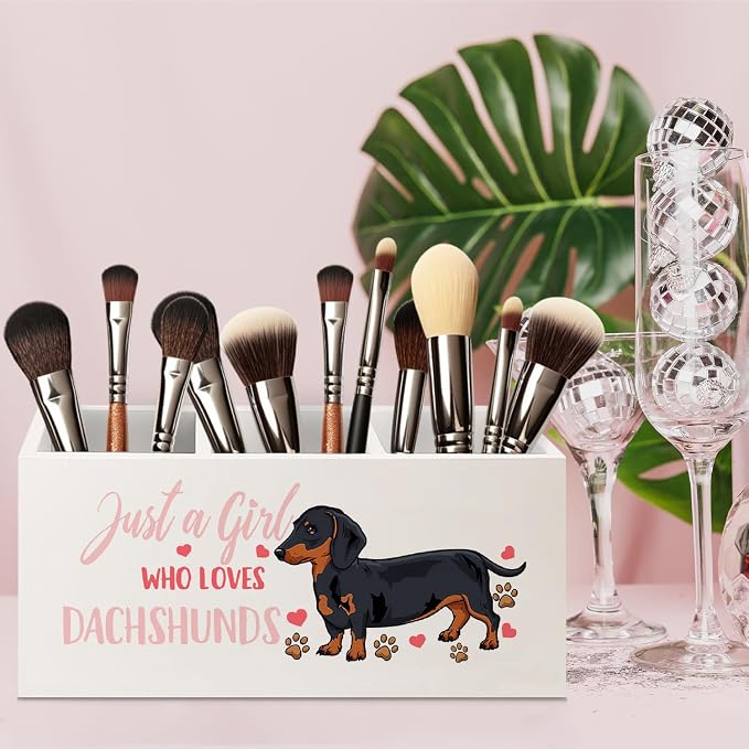 Dachshund Lover Gifts for Women Girls Wooden Pen Pencil Holder for Office Desk Accessories, Just a Girl Who Loves Dachshund Makeup Brush Toothbrush Holder Organizer for Bathroom