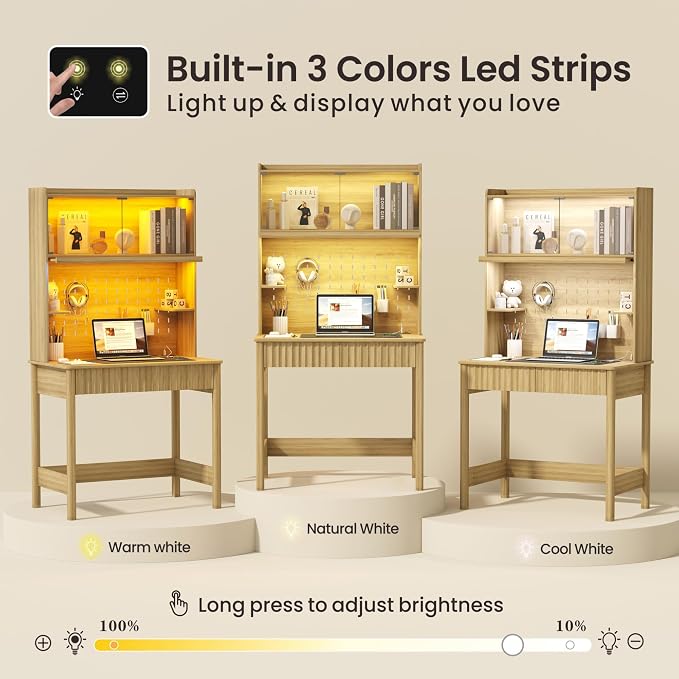 Lvifur 31.5" Small Study Desk with - Drawer & Hutch,Computer Desk with Charging Station,Compact Writing Desks with LED Reading Lights,Home Office Desks for Small Spaces,Bedroom Study Room,Natural