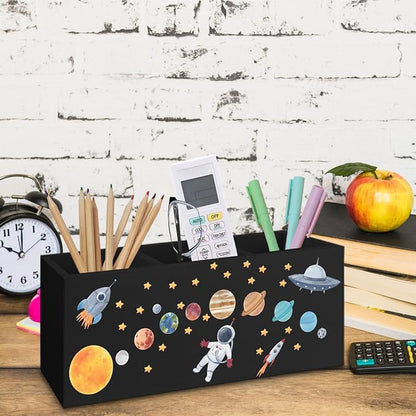 Outer Space Decor Wooden Pen Pencil Holder for Desk, Astronaut Space Themed Bedroom Decor Gift for Kids, The Solar System Wood Makeup Brush Toothbrush Holder Organizer for Library Bedroom