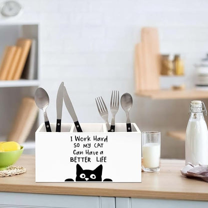 Funny Black Cat Pen Holder for Desk, Black Cat Lover Gifts Pencil Organizer, I Work Hard So My Cats Can Have a Better Life Wooden Pen Holder Desk Accessories Decor for Home Office