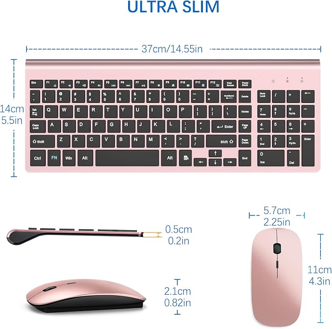 Wireless Keyboard and Mouse Ultra Slim Combo, TopMate 2.4G Silent Compact USB 2400DPI Mouse and Scissor Switch Keyboard Set with Cover, Batteries Included, for PC/Laptop/Windows/Mac - Rose Gold Black