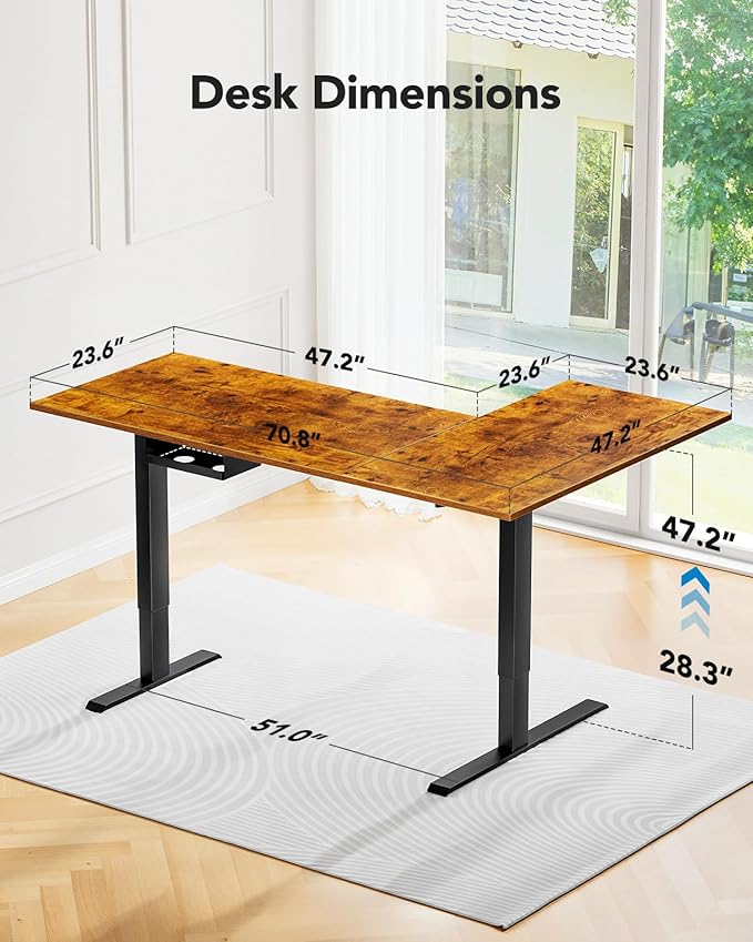 HUANUO Dual Motor 71x48 inch L Shaped Electric Standing Desk with 3 Preset Heights, Electric Height Adjustable Computer Table, 2 Hooks & Cable Tray, Raising Desk for Home Office, Vintage Brown