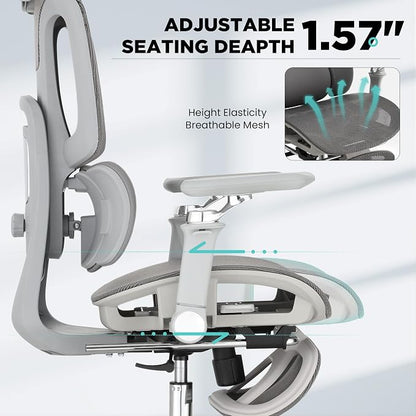 Ergonomic Office Chair with 3-Zone Dynamic Lumbar Support, Big and Tall Office Chair with Footrest, Adjustable Seat Depth,4D Headrest,6D Armrests, Swivel Executive Chair for Home Office,Grey