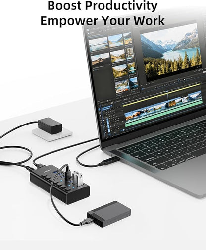 AGEEN 7-Port USB 3.2 Gen 2 Hub, 10Gbps High-Speed Aluminum Powered Hub with 24W Adapter, Individual Switches & Surge Protection for PC/Laptop, Flash Drive, Printer, Camera