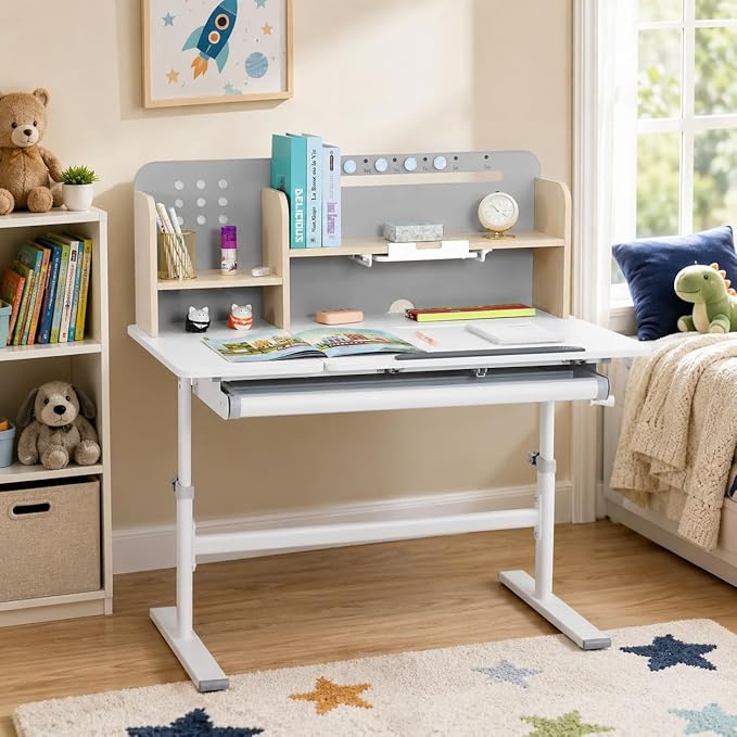 COSVALVE 39in Wide Adjustable Height Kids Desk with Tilting Desktop, Steel Frame, Drawer, and Bookshelf Hutch, Study Child Table for Ages 3-12, Grey