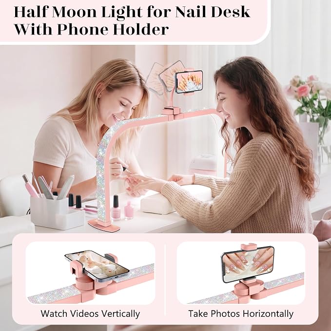 LIONVISON Nail Light Half Moon: 29" Foldable Half Moon Light for Nail Desk - 3 Color Modes & 10 Brightness - Arch LED Nail Desk Lamp with Phone Holder for Manicure Salon (Pink with Diamond)