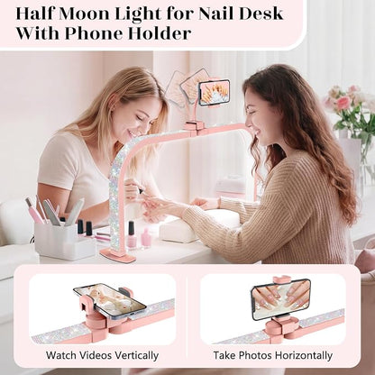 LIONVISON Nail Light Half Moon: 29" Foldable Half Moon Light for Nail Desk - 3 Color Modes & 10 Brightness - Arch LED Nail Desk Lamp with Phone Holder for Manicure Salon (Pink with Diamond)