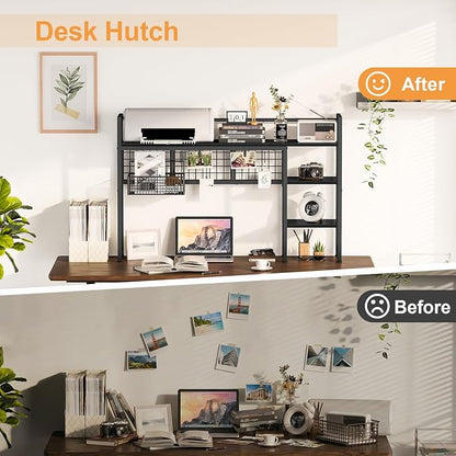 Snughome Desk Shelf, 44.9" Desktop Organizer Shelf, Desk Hutch for Computer Monitor, 4 Tier Desk Display Rack with Pegboard Hooks Set, Wood Desktop Bookshelf for Home Office Dorm