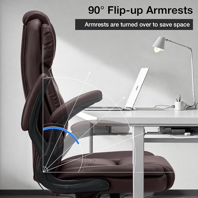 Big and Tall Office Chair 450lbs Heavy Duty Executive Desk Chair with Adjustable Lumbar Support High Back Ergonomic Home Computer Leather Chair with Padded Flip-up Arms for Heavy People,Brown