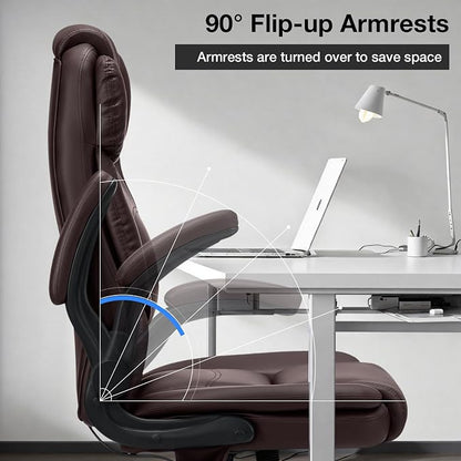 Big and Tall Office Chair 450lbs Heavy Duty Executive Desk Chair with Adjustable Lumbar Support High Back Ergonomic Home Computer Leather Chair with Padded Flip-up Arms for Heavy People,Brown