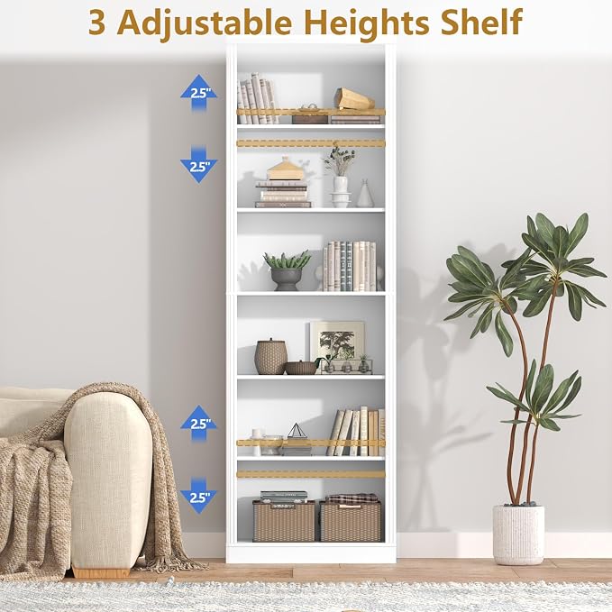 Thacuok 75" Tall Bookshelf Set of 2, 6 Tier Bookshelf with Adjustable Shelves, Bookcase with Anti-Tipping Device, Floor Standing Modern Display Rack,Book Shelf for Living Room, Bedroom, Office, White