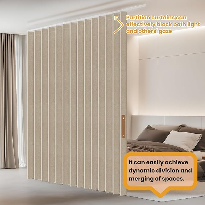 ILRON Accordion Folding Room Partition with Ceiling Track - Retractable Room Divider Curtain, Effortless Setup(Beige 180" W x 96" L-Pack of 1)