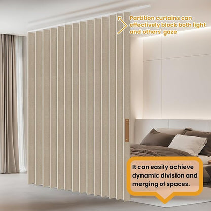 ILRON Accordion Folding Room Partition with Ceiling Track - Retractable Room Divider Curtain, Effortless Setup(Beige 100" W x 108" L-Pack of 1)