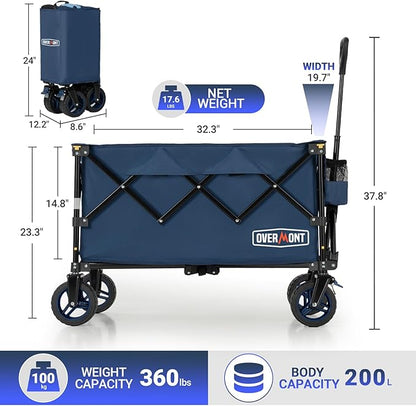 Overmont Ultra-Compact Collapsible Wagon Cart - 200L Portable Folding Wagon with All-Terrain Wheels Utility for Beach, Grocery Shopping, Camping, and Gardening – 360lbs Load Capacity Blue