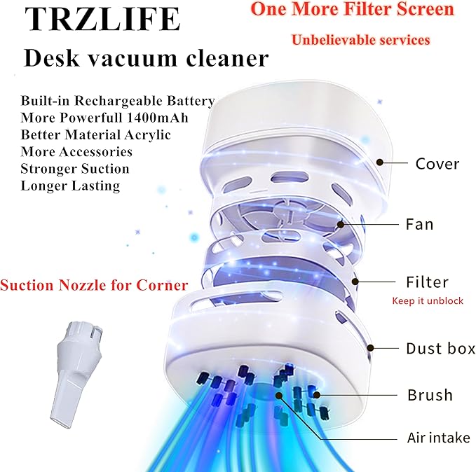 TRZLIFE USB Desk Vacuum, Office & Home Desktop Cleaner, Ideal Gift | Type-C cordless mini vacuum, strong suction for office desks & home countertops. Sleek office-home accessory for holiday gift